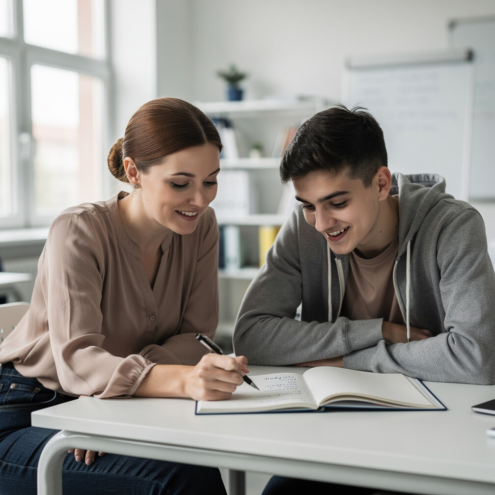 Instructor giving feedback to a student after a speech