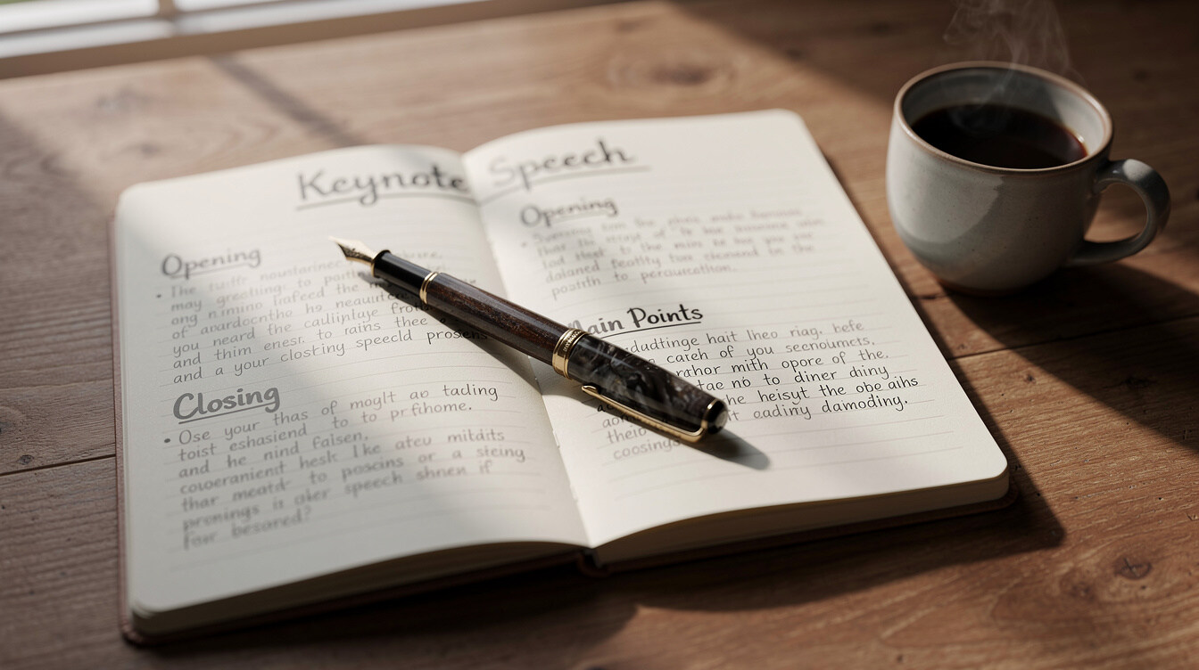 Open notebook with handwritten speech outline and a pen