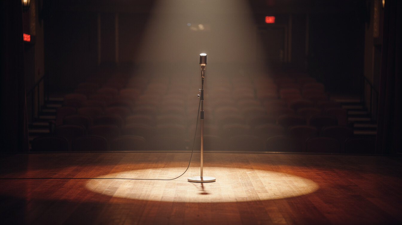 Empty stage with a microphone stand before a talk