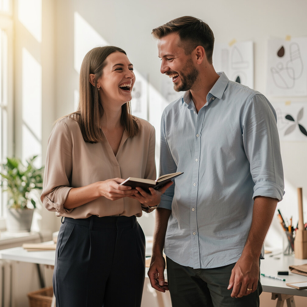 Two people practicing a public speaking exercise together